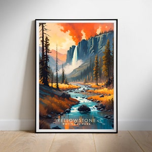 May include: A vintage-style poster featuring a scenic view of a waterfall in Yellowstone National Park. The poster has a vibrant orange and yellow sunset sky with a blue river flowing through a lush green valley. The text "Yellowstone National Park" is at the bottom of the poster.