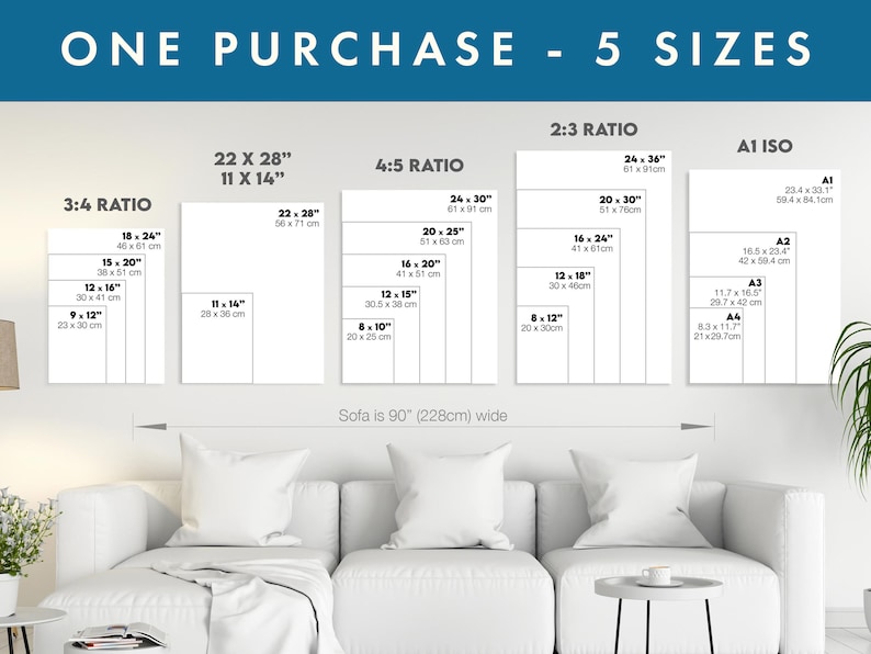 Puede incluir: Un diagrama que muestra diferentes tama&ntilde;os de impresiones para un sof&aacute;, con medidas en pulgadas y cent&iacute;metros. El texto "ONE PURCHASE - 5 SIZES" est&aacute; en la parte superior del diagrama. El texto "Sofa is 90" (228cm) wide" est&aacute; debajo del diagrama.