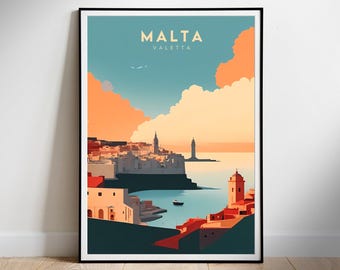 Póster de viaje de Malta. Arte mural imprimible digitalmente. Descarga instantánea. Decoración para colgar. Regalo para casa nueva.