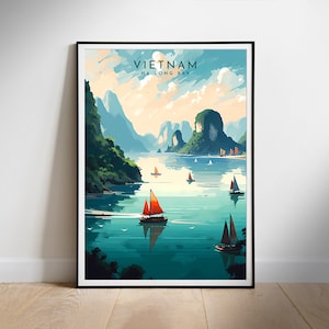 Wietnam Plakat podróżniczy Cyfrowa sztuka ścienna do druku, Ha Long BayInstant, Dekoracja wisząca, Prezent na nowy dom