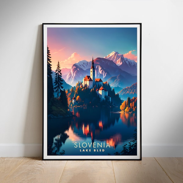 Slovenia Travel Poster Digital printable wall art, Lake Bled Instant Download, Hanging decor, New Home Gift