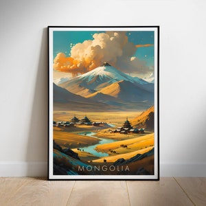 Peut inclure: Une illustration colorée d'une chaîne de montagnes avec un grand nuage au-dessus. La chaîne de montagnes est recouverte de neige et il y a plusieurs bâtiments dans la vallée en contrebas. Le texte "MONGOLIA" est en bas de l'image.
