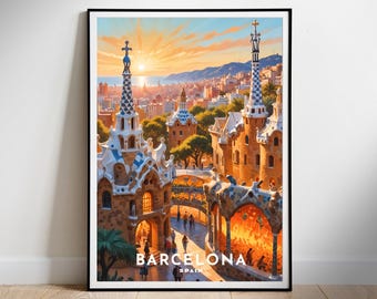 以下が含まれることがあります： スペインのバルセロナにあるグエル公園のカラフルなイラスト。モザイクで覆われた象徴的な建物と遊歩道の景色が特徴で、背景には夕焼けが映っています。画像の下部には「BARCELONA SPAIN」というテキストがあります。