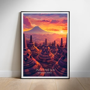 Póster de viaje a Indonesia, arte mural imprimible digital, descarga instantánea del templo de Borobudur, decoración colgante, regalo para un nuevo hogar.