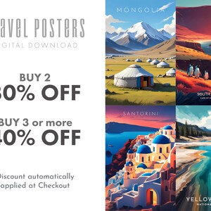 Puede incluir: Un anuncio de descarga digital para p&oacute;sters de viaje con cuatro ubicaciones diferentes: Mongolia, Sud&aacute;frica, Santorini y el Parque Nacional de Yellowstone. El anuncio incluye una oferta de descuento para comprar varios p&oacute;sters: compra 2, obt&eacute;n un 30% de descuento; compra 3 o m&aacute;s, obt&eacute;n un 40% de descuento. El descuento se aplica autom&aacute;ticamente al finalizar la compra.