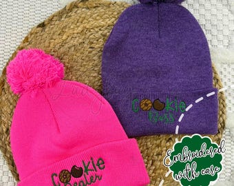 Cookie Season Embroidered Beanie, Cookie Boss or Cookie Dealer Hat, Kids Cookie Seller Winter Hat, Pom Pom Beanie
