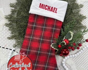 Personalized Red Plaid Christmas Stocking, Embroidered Name, Plush Cuff