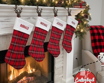 Red Plaid Christmas Stocking, White Plush Cuff, Personalized Embroidered Name
