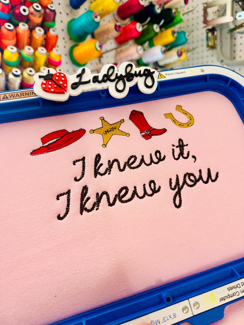 May include: A blue embroidery hoop holding light pink fabric with stitched designs of a red hat, a yellow sheriff star, a red cowboy boot, and a gold horseshoe. Below the icons, the black text reads, I knew it, I knew you.