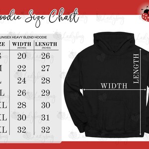 May include: A black hoodie size chart featuring a table with sizes S through 4XL and their corresponding width and length measurements in inches. The chart includes a graphic of a black hoodie with arrows indicating where width and length are measured.