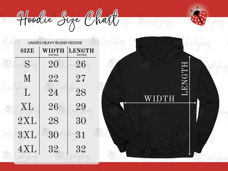 May include: A black hoodie size chart featuring a table with sizes S through 4XL and their corresponding width and length measurements in inches. The chart includes a graphic of a black hoodie with arrows indicating where width and length are measured.