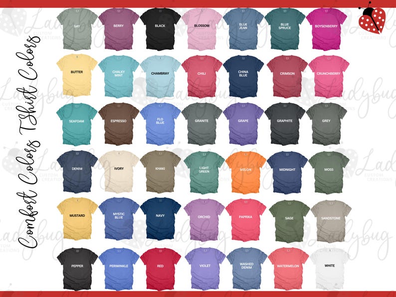 May include: A color chart displaying forty-two short-sleeve t-shirts arranged in a grid. Each shirt features a unique color name printed in black text across the chest, including shades like black, white, red, blue, green, yellow, and various neutrals.