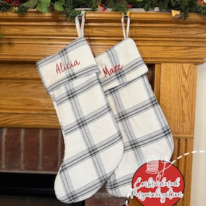 Farmhouse Plaid Christmas Stocking, Black White Buffalo Check, Holiday Mantel Décor, Embroidered Name Option