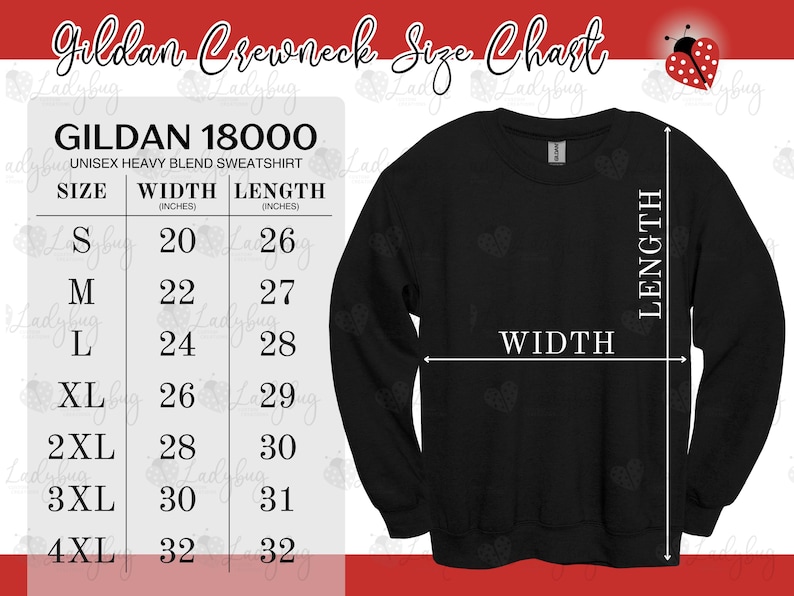 May include: A black Gildan 18000 unisex heavy blend crewneck sweatshirt displayed next to a size chart. The chart lists sizes S through 4XL with corresponding width and length measurements in inches, illustrated by white arrows on the sweatshirt.