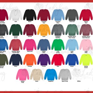 May include: A color chart displaying various Gildan crewneck sweatshirts in multiple shades including red, white, black, blue, green, gray, pink, orange, and yellow. Each sweatshirt is labeled with its specific color name below the garment.