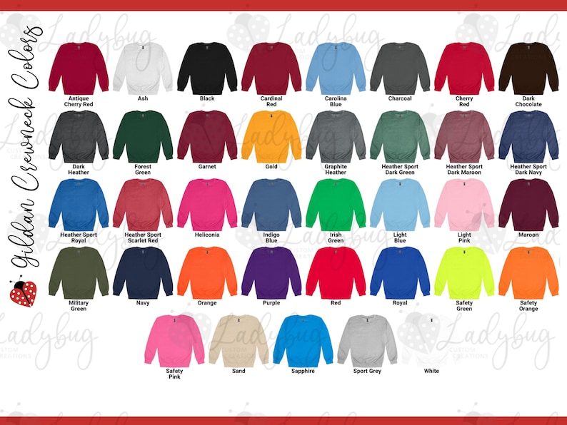 May include: A color chart displaying various Gildan crewneck sweatshirts in multiple shades including red, white, black, blue, green, gray, pink, orange, and yellow. Each sweatshirt is labeled with its specific color name below the garment.