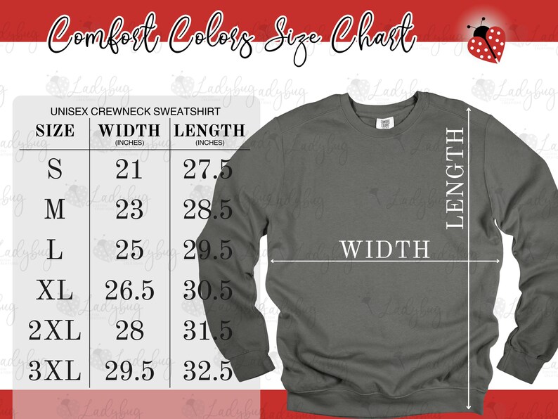 May include: A charcoal gray unisex crewneck sweatshirt displayed next to a size chart titled Comfort Colors Size Chart. The chart lists sizes S through 3XL with corresponding width and length measurements in inches, indicated by white lines.