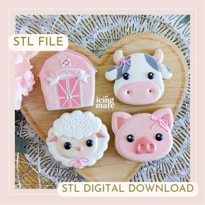 May include: Four farm animal-themed cookies: a pink barn with "Summer" text, a cow with gray spots, a sheep, and a pig. The cookies are on a wooden heart-shaped tray. Text on the image says "STL FILE" and "STL DIGITAL DOWNLOAD".