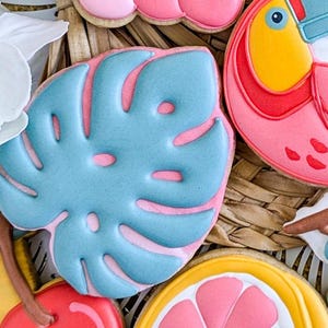 May include: A collection of colorful sugar cookies decorated with tropical themes. The cookies feature a pink toucan, a blue monstera leaf, a pink grapefruit, and a brown palm tree.