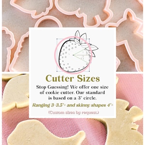 May include: A collection of pink plastic cookie cutters in various shapes, including animals and a circle. The image includes text that reads "Cutter Sizes" and specifies sizes ranging from 3 to 4 inches.