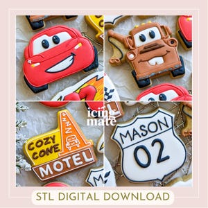 Może przedstawiać: Asortyment ciasteczek z motywem Aut, w tym Zygzak McQueen i Złomek, z szczegółowym lukrem. Inne ciasteczka przedstawiają znak Cozy Cone Motel i znak drogowy Mason 02. Obraz zawiera tekst "STL DIGITAL DOWNLOAD".