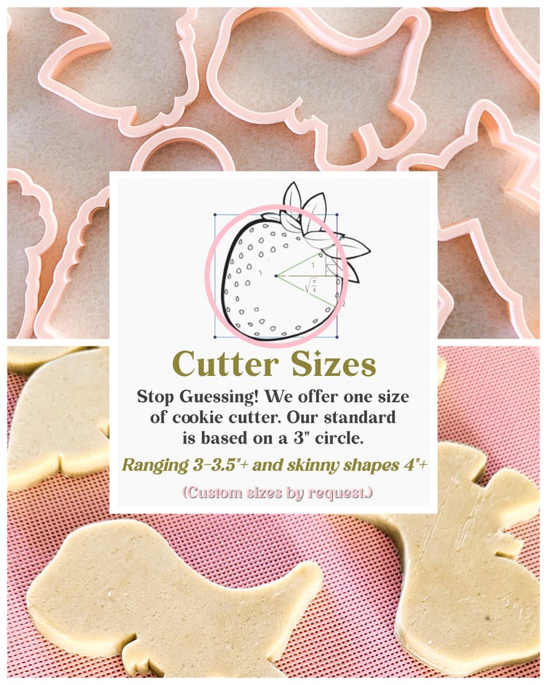 Pu&ograve; includere: Una collezione di formine per biscotti in plastica rosa a forma di animali, con una grafica a fragola e il testo "Cutter Sizes". Le formine variano da 7,6 a 8,9 cm, con forme sottili a 10,2 cm.