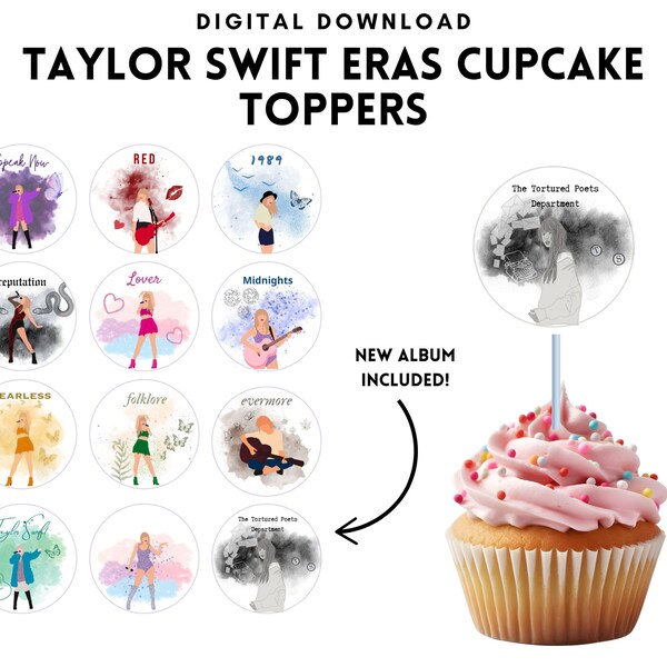 Druckbare Taylor Swift Eras Party Cupcake Toppers – Sofortiger Download, Aufkleber, neues Album inklusive, PNG, PDF, JPEG