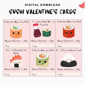 Printable Sushi Valentine&#39;s Cards- Instant Download, School, Gift Tags, PDF, JPEG