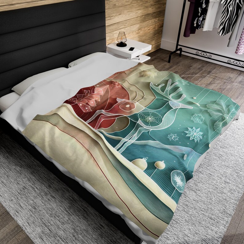 Enchanting Geometric Deer and Winter Wonderland Velveteen Blanket in