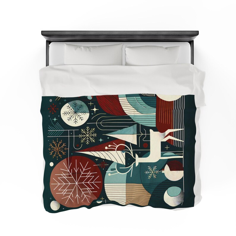Modern Geometric Deer and Holiday Motifs Velveteen Blanket for Cozy