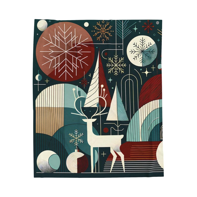 Modern Geometric Deer and Holiday Motifs Velveteen Blanket for Cozy