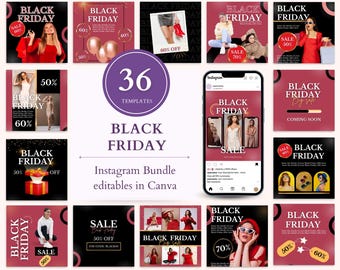 May include: A collection of 36 Instagram post templates for Black Friday sales. The templates feature a variety of designs with black, gold, and red accents. The text "Black Friday" is featured prominently on each template.