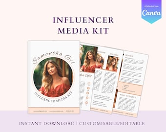 May include: A pink and white media kit template for social media influencers. The template features a photo of a woman with long brown hair wearing a red dress. The text "Samantha Gil" is written in a cursive font. The text "Influencer Media Kit" is written in a bold font. The template includes sections for Instagram, YouTube, and services offered.