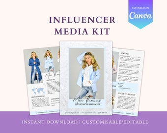 May include: A media kit template with the title "Influencer Media Kit" in a bold font. The kit includes a photo of a woman in a blue jacket, and the text "Mia Thomas". The words "Instant Download" and "Customisable/Editable" are also visible.