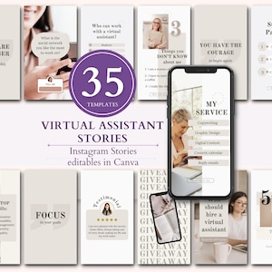 Op de afbeelding: Een verzameling van 35 bewerkbare Instagram Stories-sjablonen voor virtuele assistenten. Het ontwerp toont een smartphone met diensten zoals copywriting en grafisch ontwerp, plus motiverende citaten.