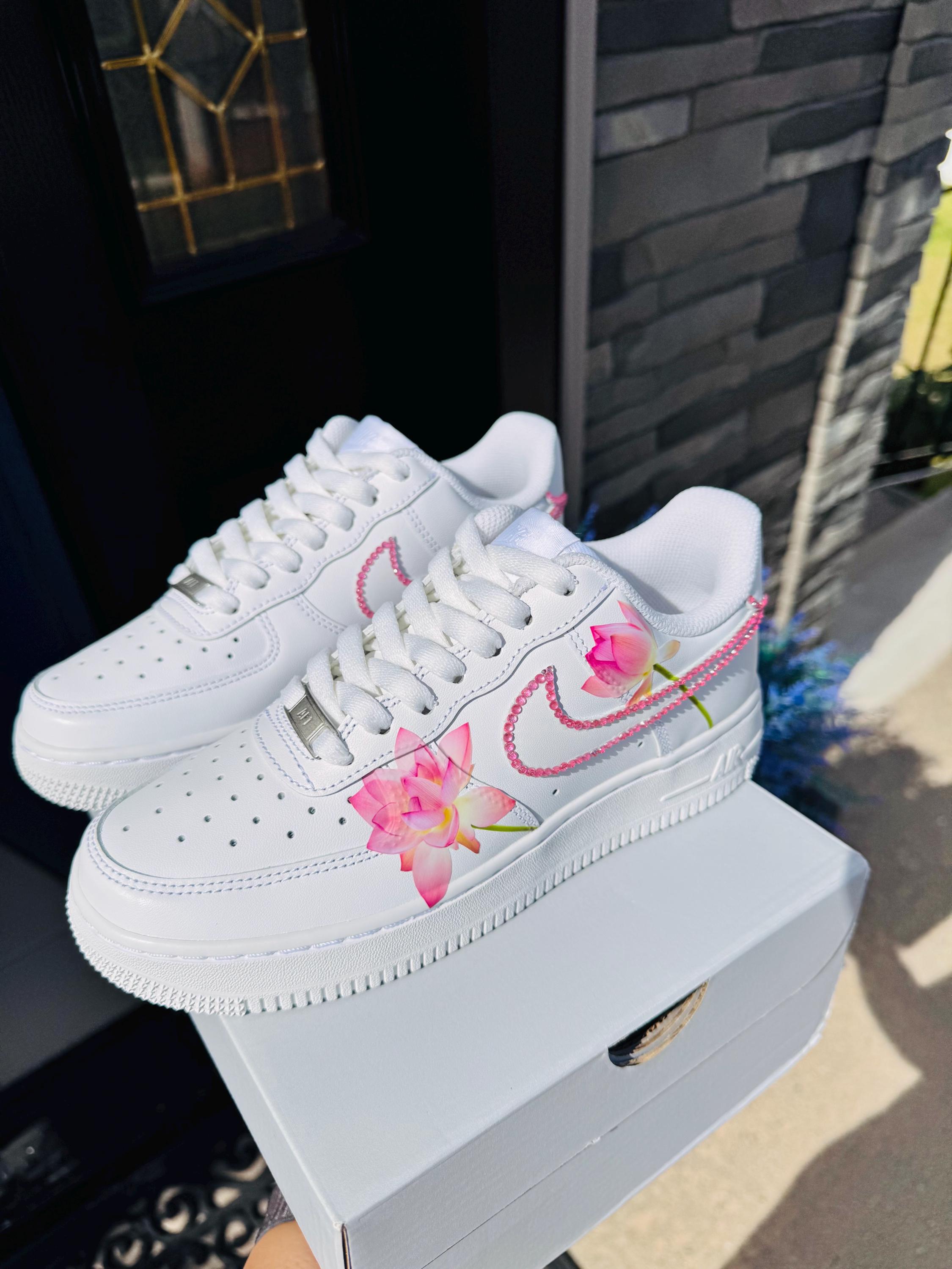 Custom Nike Air Force 1 With Pink Lotus & Rhinestone Detailing - Etsy