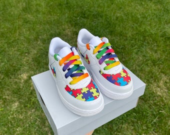 Toddler kids autism awareness Nikes Force 1 ,faux leather