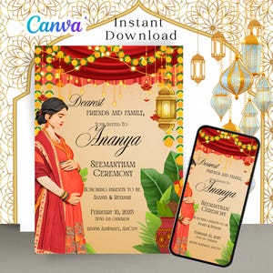 Seemantham Invitation | Valaikappu Digital Invite | South Indian Baby Shower | Editable Temple | Instant Download | Hindu Ceremony