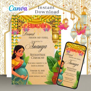 Seemantham Invitation | Valaikappu Digital Invite | South Indian Baby Shower | Editable Temple | Instant Download | Hindu Ceremony