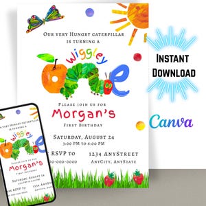 Very Hungry Caterpillar First Birthday Invitation | Editable 5&quot;x7&quot; Template | Instant Download | Printable Party Invite | Canva Template