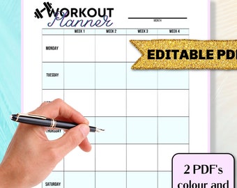 EDITABLE Monthly Workout Planner (2 PDF's Colour and No Colour)