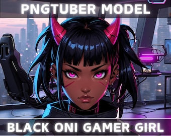 Premade PNGTuber Model Black Oni Girl Vtuber Model Cute Female PNG Vtuber Avatar Gaming Stream Asset Free Animated background Vtuber Room