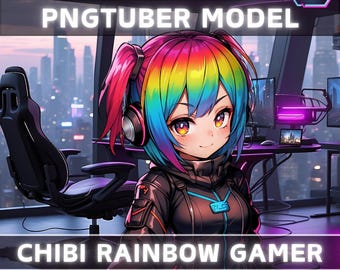 Premade PNGTuber Model Chibi Rainbow Girl Vtuber Model Cute Female PNG Vtuber Avatar Gaming Stream Asset Animated background Vtuber Room