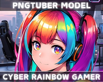 Premade PNGTuber Model Rainbow Girl Vtuber Model Cute Female PNG Vtuber Avatar Gaming Stream Asset With Free Animated background Vtuber Room