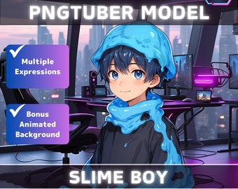 Premade PNGTuber Model Slime Gamer Boy Vtuber Model Male PNG Vtuber Avatar Game Stream Asset with Free Animated background Cyberpunk Room