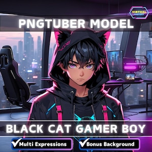 Premade PNGTuber Model Black Cat Boy Vtuber Model Cute Male PNG Vtuber Avatar Gaming Stream Asset Gratis Geanimeerde achtergrond Cyber Vtuber Room