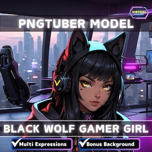 Premade PNGTuber Model Black Wolf Girl Vtuber Model Cute Female PNG Vtuber Avatar Gaming Stream Asset Free Animated background Vtuber Room