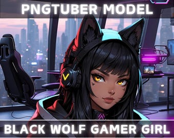 Premade PNGTuber Model Black Wolf Girl Vtuber Model Cute Female PNG Vtuber Avatar Gaming Stream Asset Free Animated background Vtuber Room