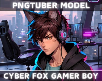 Premade PNGTuber Model Cyber Fox Gamer Boy Vtuber Model Male PNG Vtuber Avatar Gaming Stream Asset with Free Animated background Vtuber Room