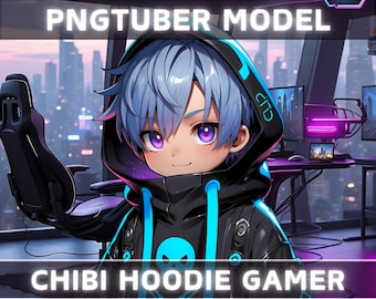 Premade PNGTuber Model Chibi Hoodie Boy Vtuber Model Cute Male PNG Vtuber Avatar Gaming Stream Asset Free Animated background Vtuber Room